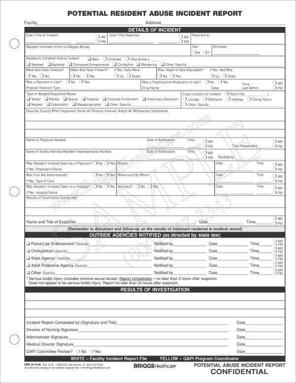 potential resident abuse incident form incident report healthcare